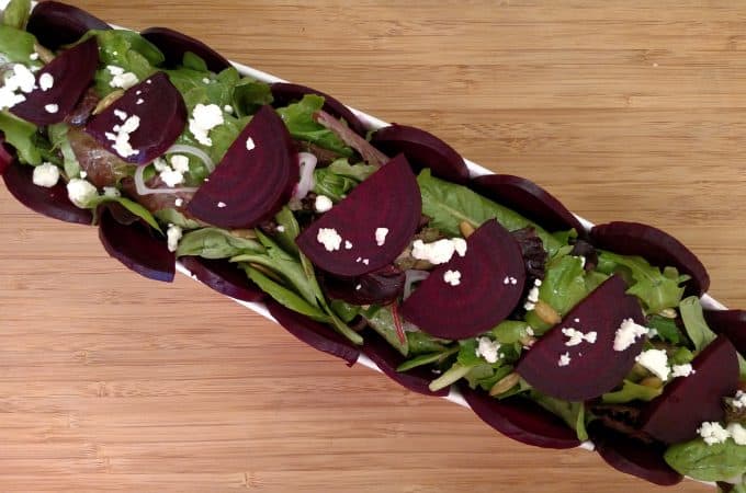 Oven-Roasted Beet Salad on long plate