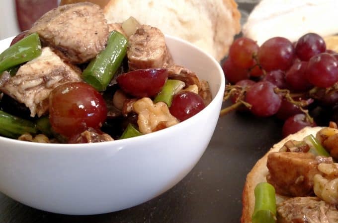 Balsamic Chicken Walnut Salad with grapes in a bowl