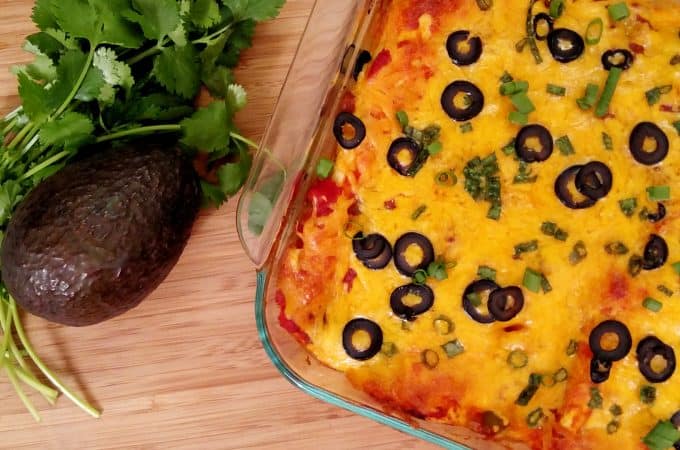 chicken enchiladas in a baking dish. Cilantro and Avocado.