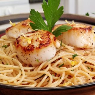 Seared Scallops on pasta plated in bowl with parsley garnish