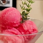 Watermelon Sorbet in a martini glass with a sprig of rosemary