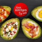 Avocado Baked Egg on Black Board with Tiny Kitchen Big Taste Logo