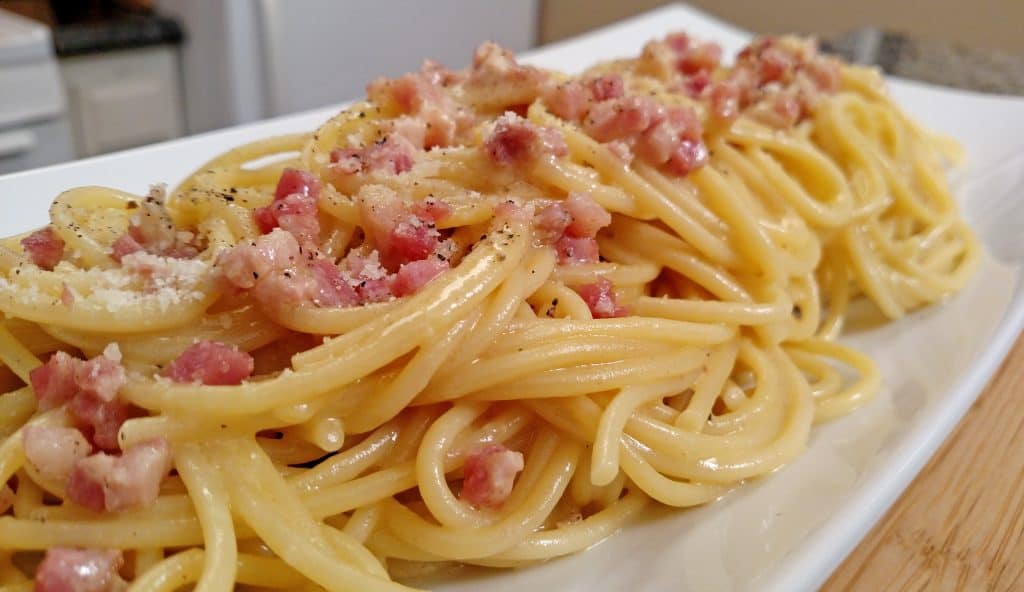 Spaghetti Carbonara on a white plate