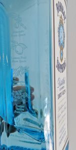 Bombay Sapphire blue bottle with etched ingredients