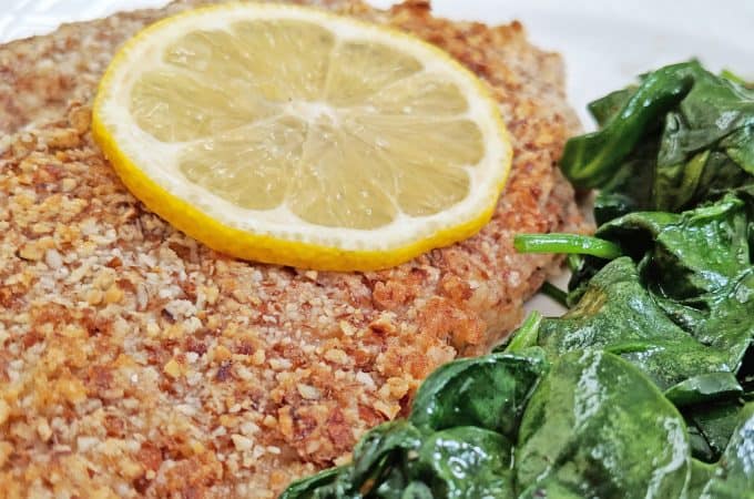 Keto Almond Crusted Fish with lemon and spinach