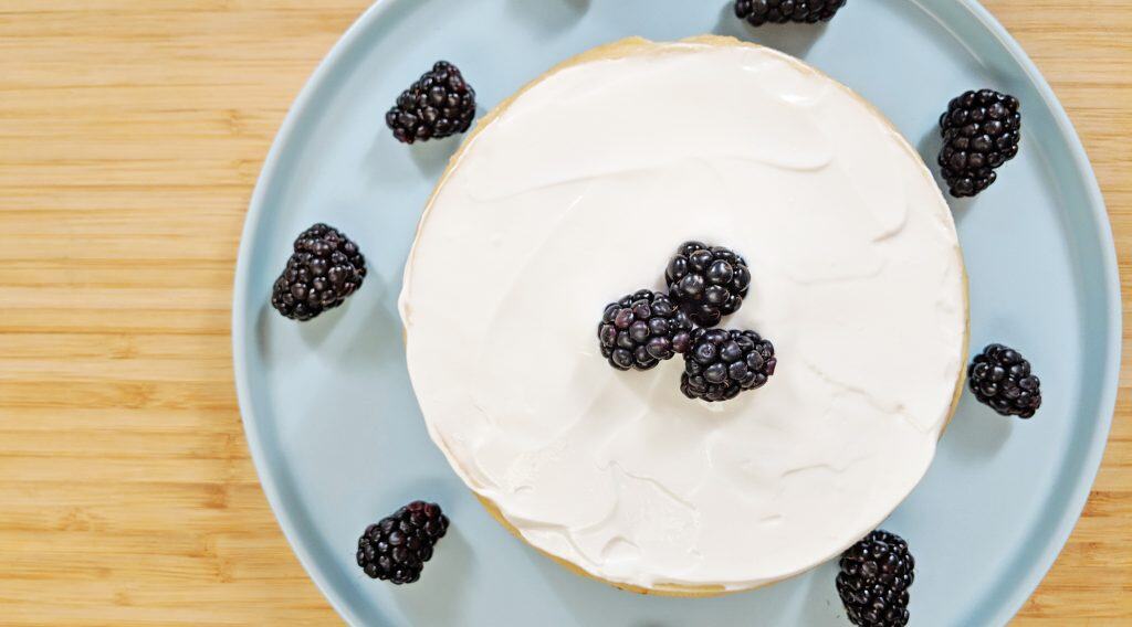 Top view of Cheesecake on Bamboo Cutting Board