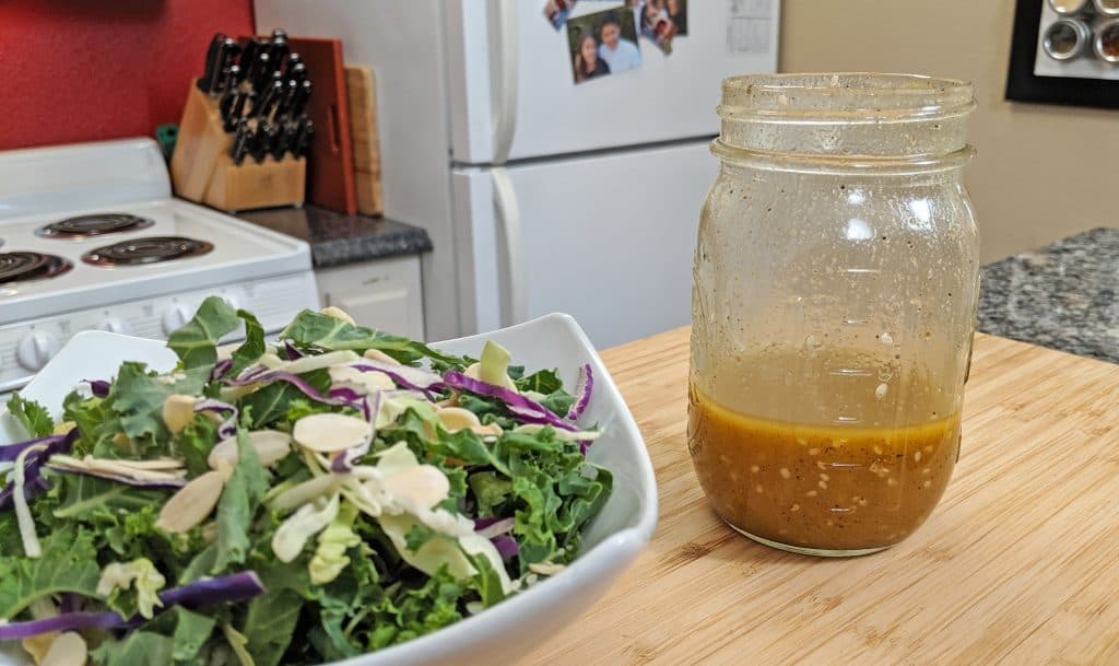 Salad and Salad dressing in a kitchen