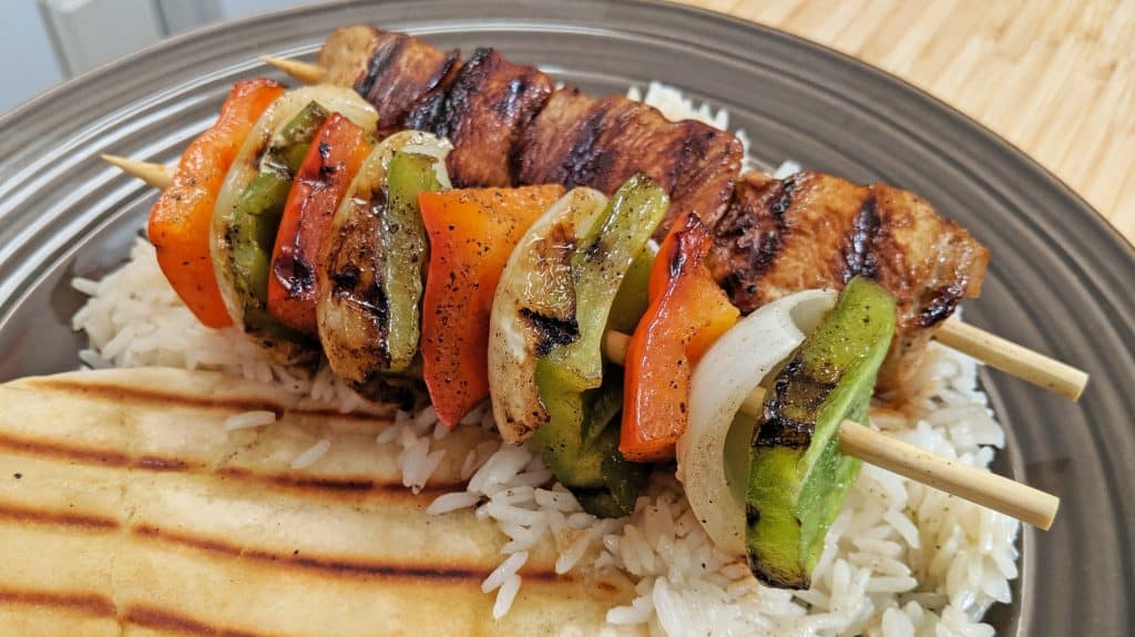 shish kabob, rice and pita