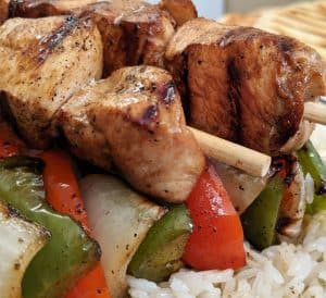chicken kabobs and vegetables